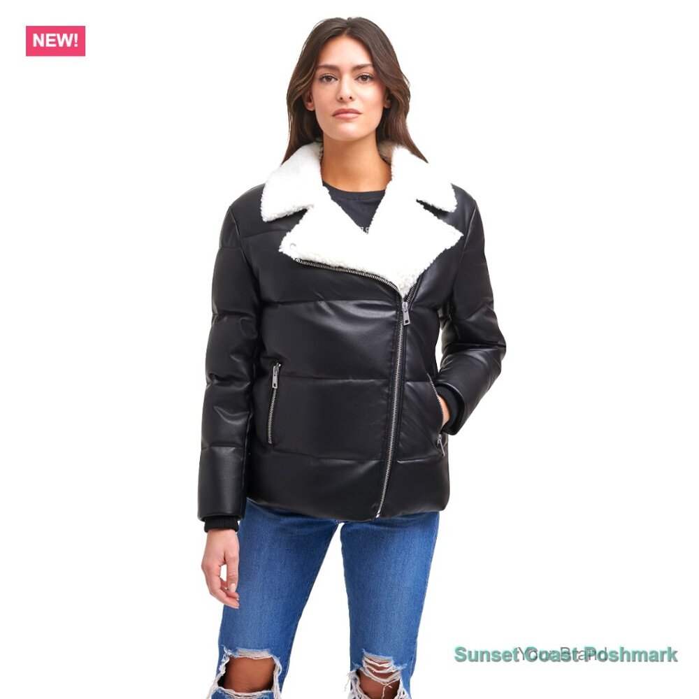 Faux Leather Puffer Jacket with Faux Fur Trim
